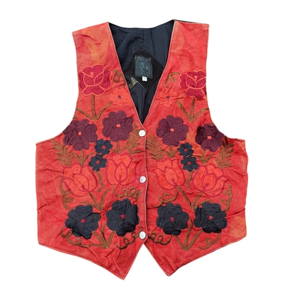 Vintage Chasser Orange Corduroy Floral Embroidered Vest Suede Western Boho 32